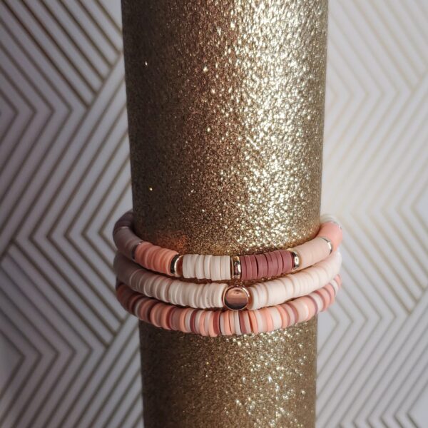 coral, burgundy heishi bracelet stack